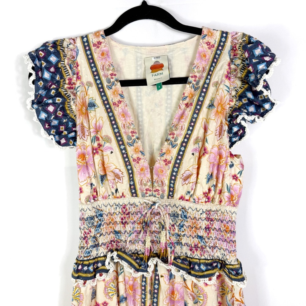 Farm Rio Superbloom Tapestry Cream Dress Floral V Neck Ruffle Sleeve Sz S - Picture 7 of 15